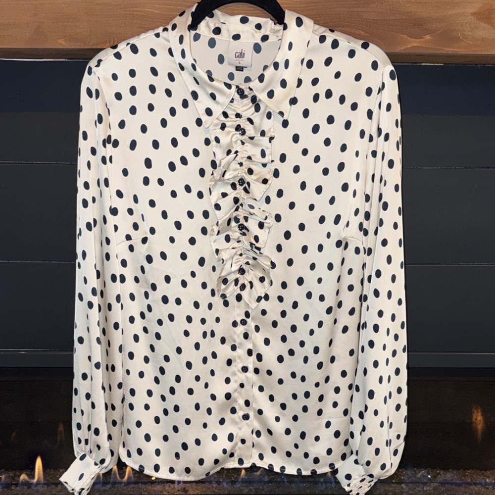 CAbi Black and White Polka Dot Ruffle Blouse